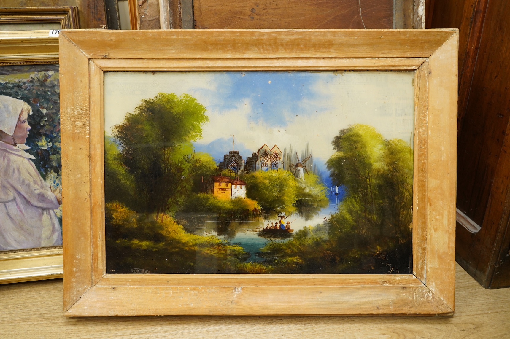 Victorian school, Riverscapes, set of four reverse glass painted panels, 39 x 59cm